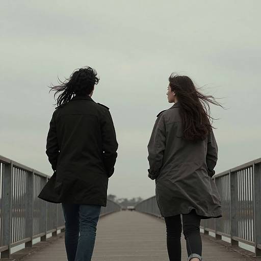 Photograph of two women with long black hair, wearing black coats and jeans, walking on a narrow, metal-railed bridge under an overcast sky