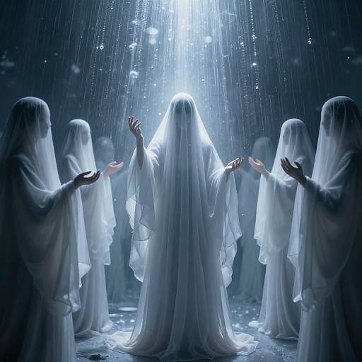 Photograph of six ghostly figures in white veils, standing in a circle, illuminated by bright, bluish light, with rain falling around them