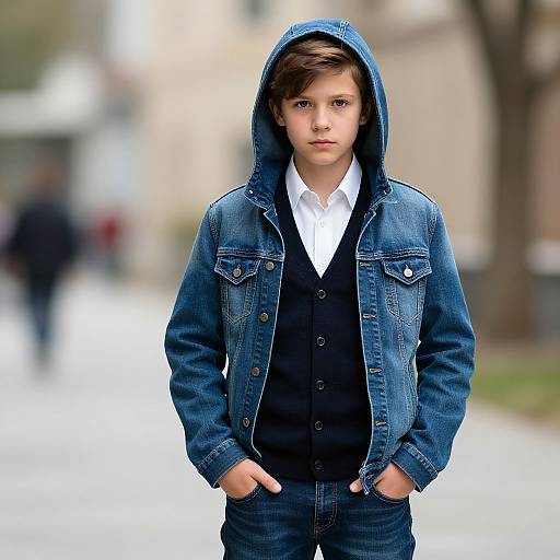 Photograph of a young boy with brown hair, wearing a blue denim hoodie, black vest, white shirt, and jeans, standing with hands in pockets