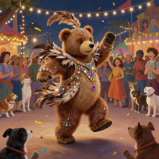 Digital illustration: Brown bear in colorful feather and gemstone headdress performs at a lively night carnival, surrounded by cheering people and dogs, under string lights