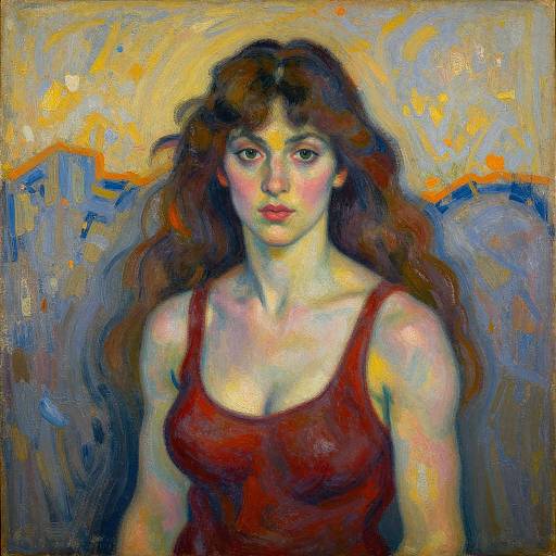 Expressionist oil painting of a young woman with long brown hair, wearing a red tank top, against a vibrant blue and yellow abstract background.