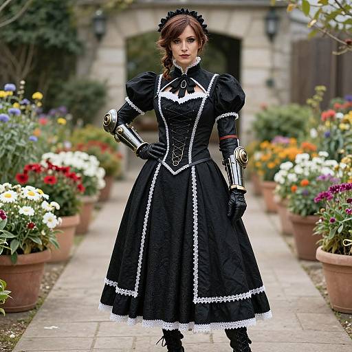 Photograph of a woman in a Victorian-style black lace dress with white trim, black gloves, and silver arm bracers, standing in a vibrant,