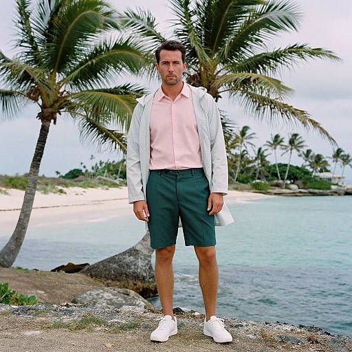 Photograph of a serious-looking man with short dark hair, wearing a pink shirt, green shorts, white sneakers, and an open white jacket, standing