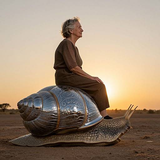 Photograph of elderly woman with short gray hair, wearing brown dress, sitting on oversized, metallic snail with intricate patterns, at sunset on a desert