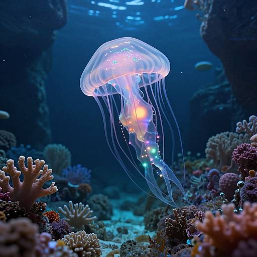 Photograph of a glowing, translucent jellyfish with colorful luminescent spots, floating amidst a vibrant underwater coral reef, bathed in deep blue light