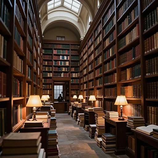 Photograph of a grand, dimly-lit library with tall wooden bookshelves, stacks of books, and warm lit table lamps lining the aisle