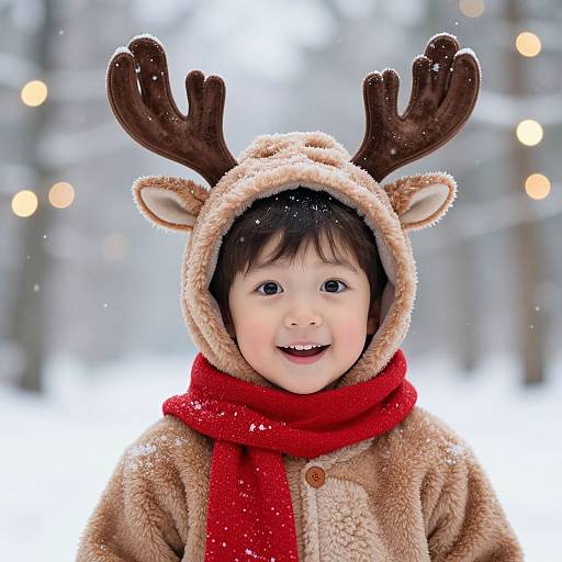 Photograph of a smiling Asian toddler in a reindeer-themed winter outfit with red scarf, brown antlers, and snowflakes, against a snowy
