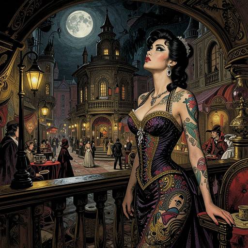 Steampunk-style illustration of a tattooed, dark-haired woman in a colorful, corseted dress, standing in a moonlit, Victorian street