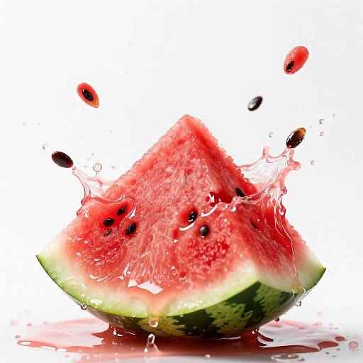 Photograph of a juicy, red watermelon slice splashing with black seeds, against a white background, capturing dynamic water droplets mid-air.