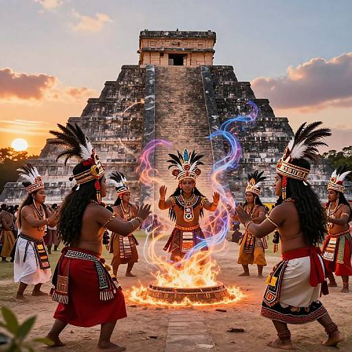 Photograph of indigenous Mayan dancers in traditional attire, performing around a flaming fire at sunset in front of a large pyramid. Bright, swirling lights enhance