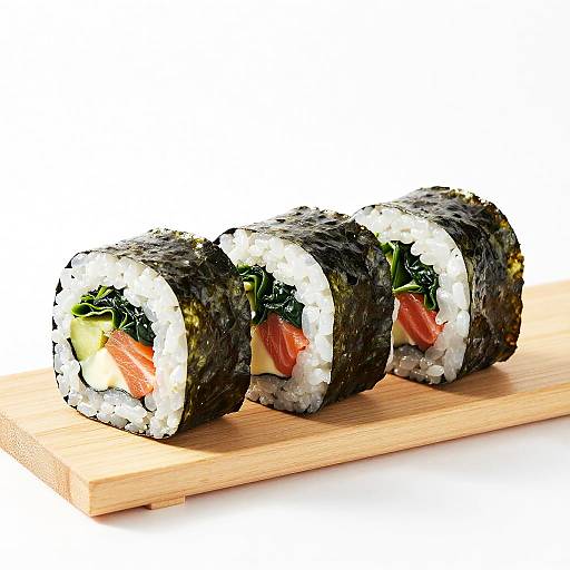 Photograph of three sushi rolls with white rice, seaweed, cucumber, avocado, and red tuna on a light wooden board.