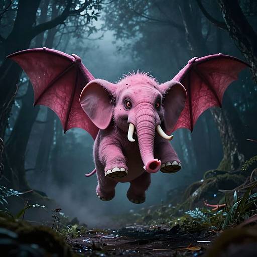 Digital artwork of a pink, winged, baby elephant with large tusks, flying through a dark, misty forest path.
