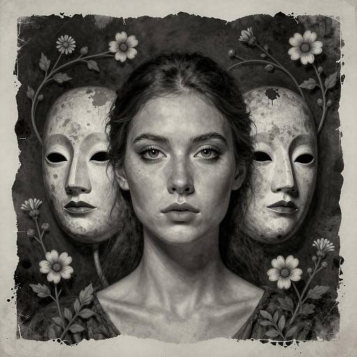 Grisaille Portrait of Woman with Ritualistic Masks and Floral Vines