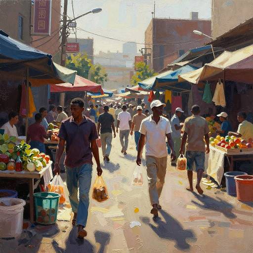 Vibrant digital painting of a bustling outdoor market with diverse African men in casual clothes, shopping for fresh produce under colorful stalls.