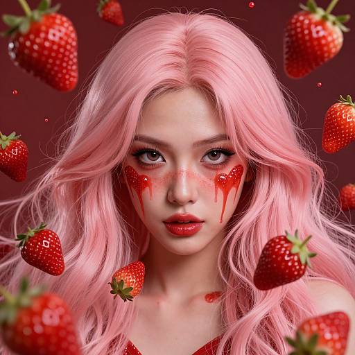 Digital artwork of a pale-skinned, pink-haired woman with red strawberry makeup, surrounded by floating red strawberries against a dark background.