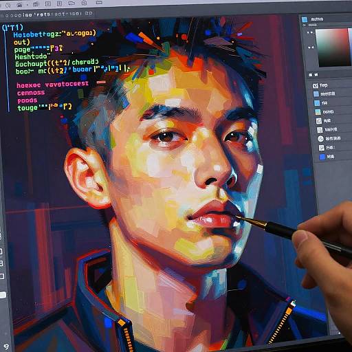 Digital painting of an Asian man with colorful, pixelated face, brush in hand, Photoshop interface with layers and settings visible.