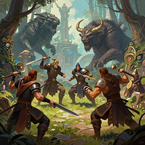 Digital fantasy artwork: Four muscular, armored warriors with swords fighting two massive, snarling beasts in a lush, enchanted forest clearing.
