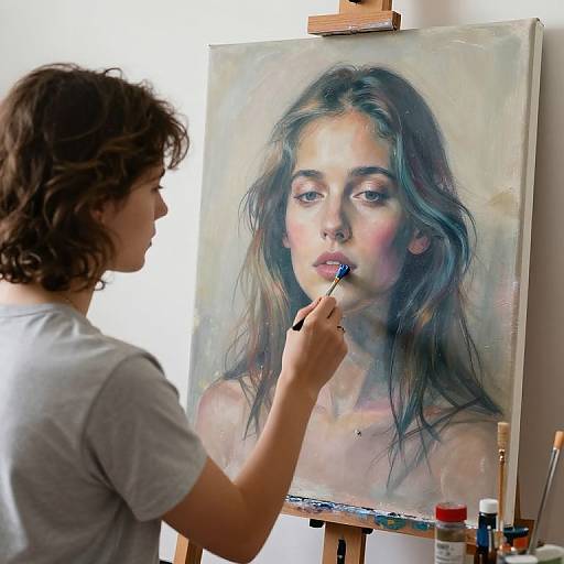 Young woman with curly brown hair painting realistic portrait of young woman with wavy brown hair on canvas, using blue paintbrush.