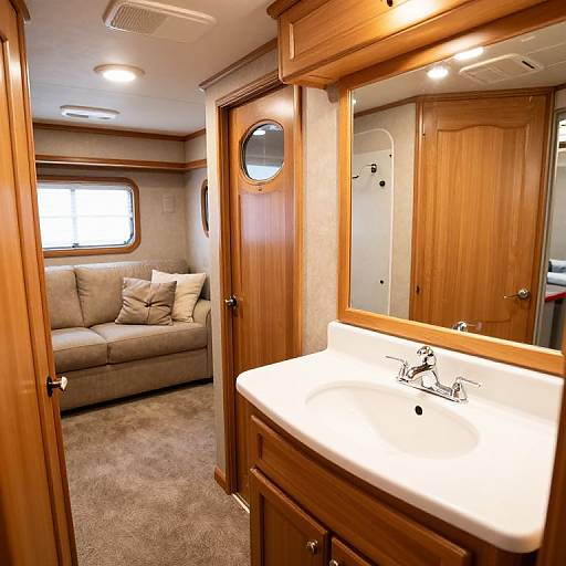 Photograph of a cozy, wood-paneled RV bathroom and living area with beige sofa, small window, white sink, and mirror.