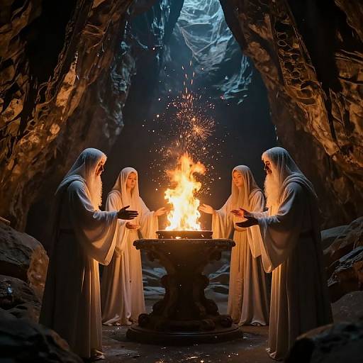 Photograph of six robed figures with white head coverings, standing in a dimly lit cave, surrounding a fiery brazier, casting shadows and