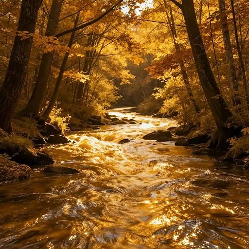 Photograph of a vibrant autumn forest with a sunlit, golden-orange creek flowing between tall trees, reflecting sunlight, creating a warm, glowing effect.