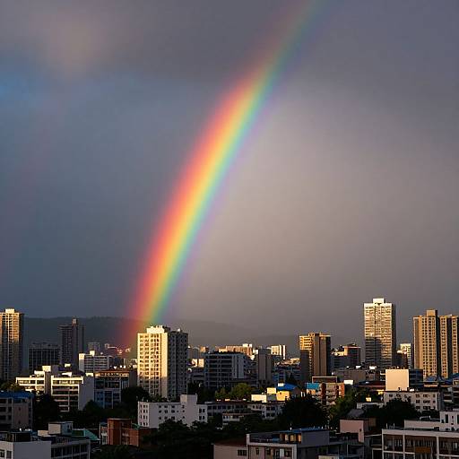 Photograph of a city skyline at sunset, featuring a vibrant rainbow arching over tall buildings, contrasting with a dark, stormy sky.