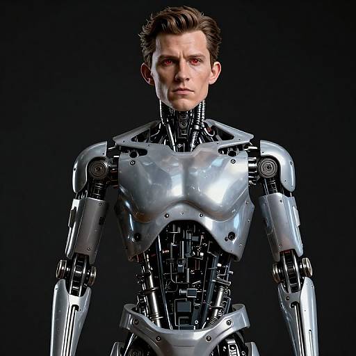Photorealistic CGI of a male humanoid robot with silver metallic armor, black mechanical joints, and short brown hair, standing against a black background.