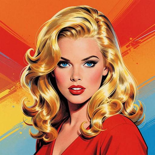 Comic-style digital artwork of a blonde woman with blue eyes, red lipstick, and red shirt, set against a vibrant orange and blue background.