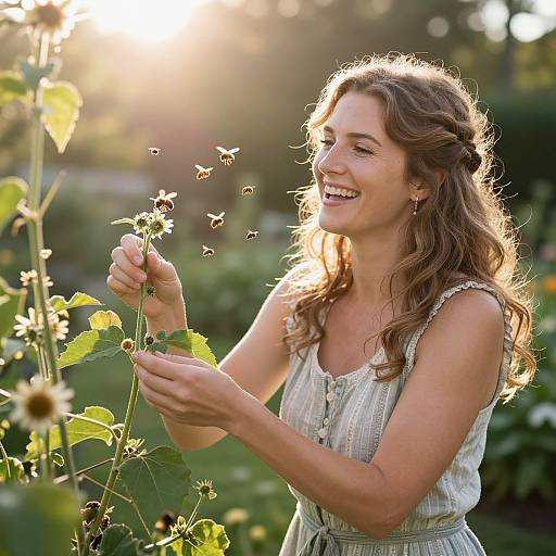 Photograph of a smiling, curly-haired woman in a sleeveless, light blue dress, holding sunflowers in a sunlit garden.