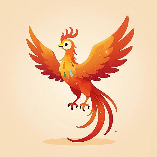 Bright, digital illustration of a vibrant, red-orange phoenix with spread wings, yellow beak, green gem on chest, and long tail, set against