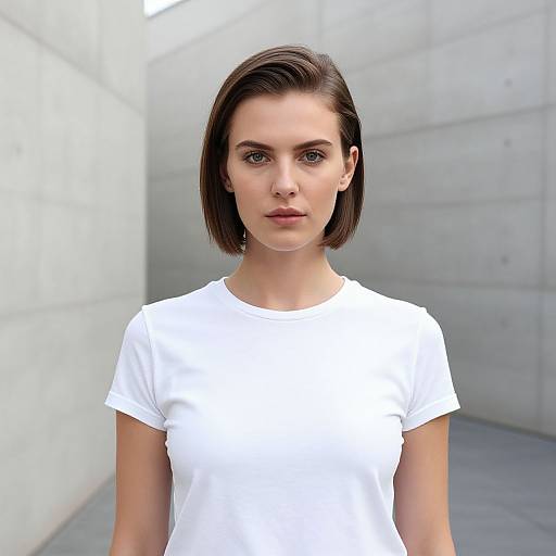 Photograph of a young woman with short brown hair, wearing a white t-shirt, standing in a minimalist, concrete-walled corridor.