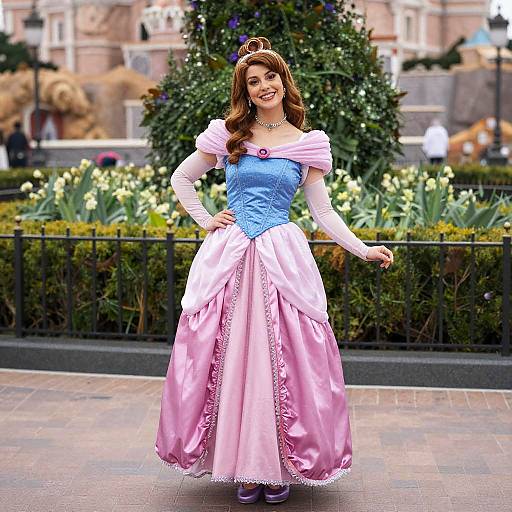 Photograph of a smiling woman in a Disney-style princess dress with blue bodice, pink skirt, white sleeves, tiara, and purple shoes,