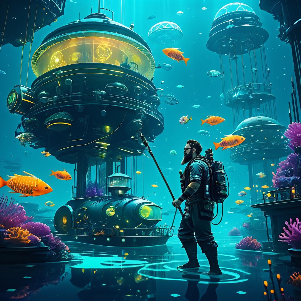 Futuristic Fisherman in Cyberpunk Underwater Scene