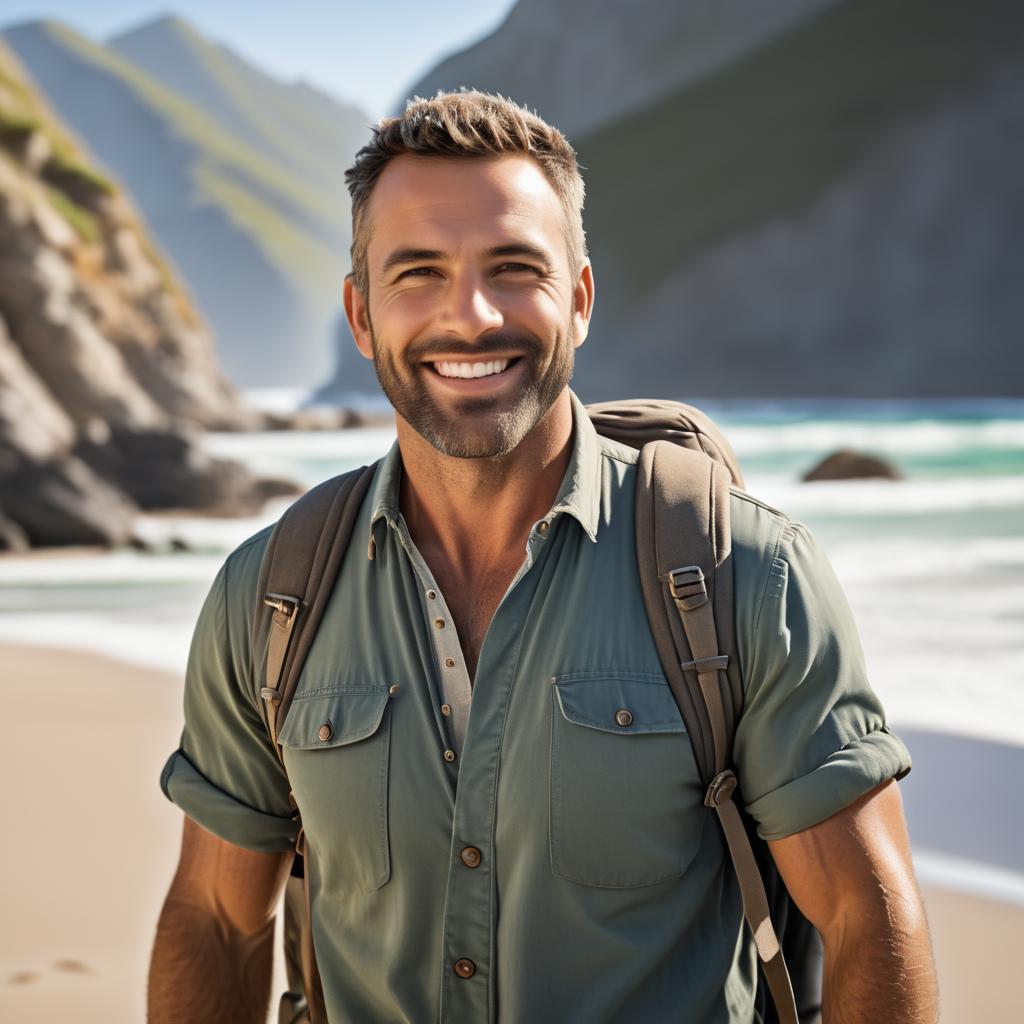 Rugged Adventurer on Beach with Mountains