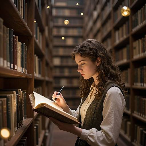 Young Woman Studying Ancient Book in Library