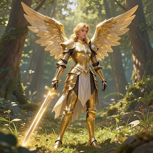 Digital artwork of a blonde, angelic female warrior in gold armor with wings, holding a glowing sword in a sunlit forest.