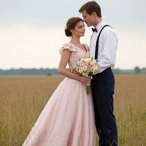 Photograph of a couple in an outdoor field; the bride in a pink, lace dress holds a bouquet, the groom in black pants and a white