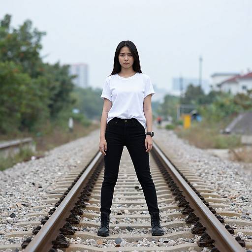 Woman Standing on Railroad Tracks