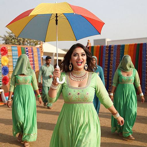 Photograph of a smiling South Asian woman in a green Punjabi dress, holding a colorful umbrella, walking with other women in green outfits, against a