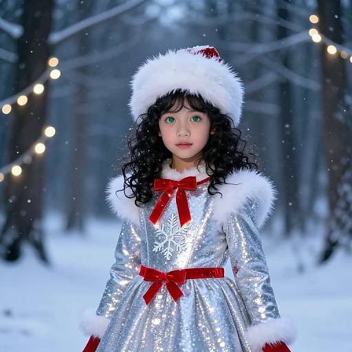 Photograph of a young girl with curly black hair, green eyes, wearing a silver sequin dress with red bows and a Santa hat, in a