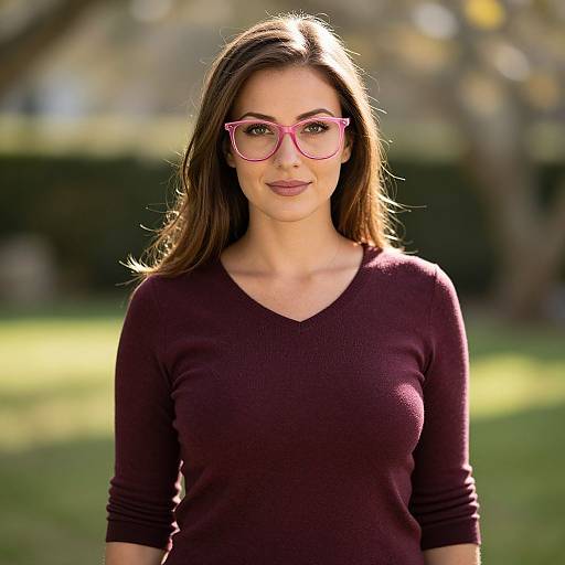 Photograph of a smiling woman with long brown hair, wearing pink-framed glasses and a dark purple V-neck sweater, standing in a sunlit,