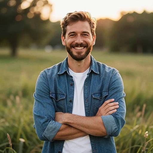 Smiling Man in Denim Shirt Outdoors
