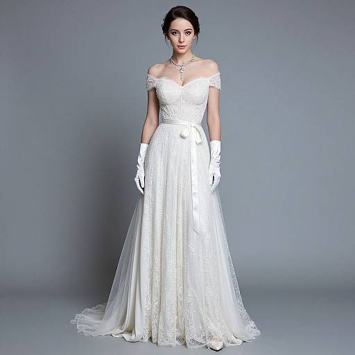 Photograph of an elegant woman in a white off-shoulder lace wedding gown with long sleeves, white gloves, and a delicate necklace, standing against