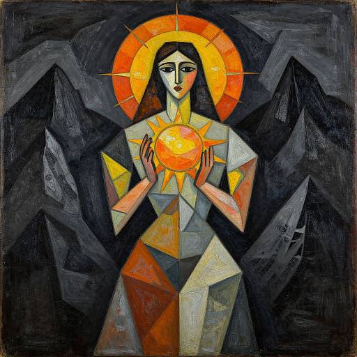 Geometric, stylized painting of a solemn female figure with a halo, holding a glowing sun, set against dark, jagged mountains.