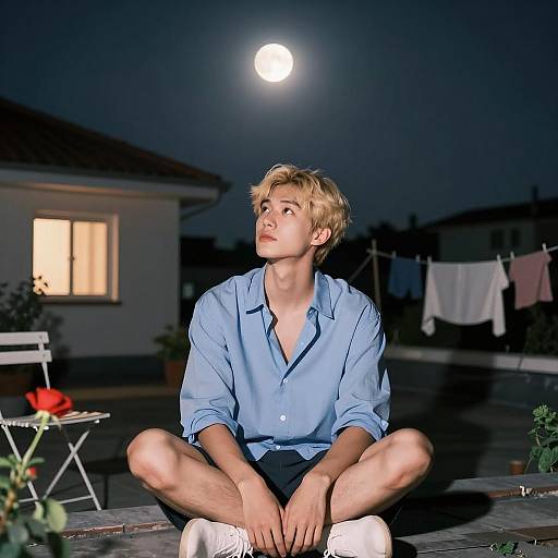 Moonlit Rooftop Scene with Young Man