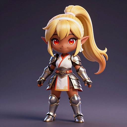 Chibi-style digital rendering of a cute, dark-skinned elf with large red eyes, blonde ponytail, and silver armor, standing confidently against a