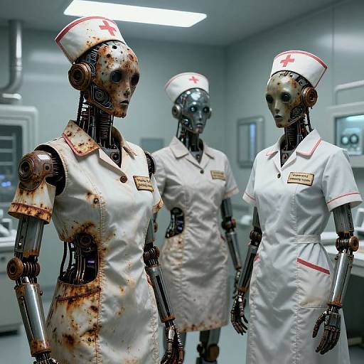 Photograph of three rusted, humanoid robots in white nurse uniforms with red crosses, standing in a sterile, futuristic medical room.