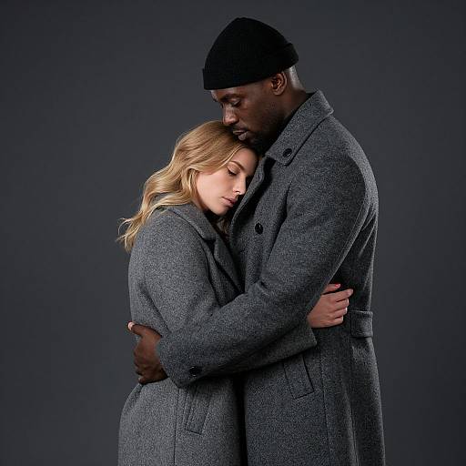 Photograph of a Black man and a blonde woman in gray wool coats, embracing closely against a dark blue background. He wears a black beanie,