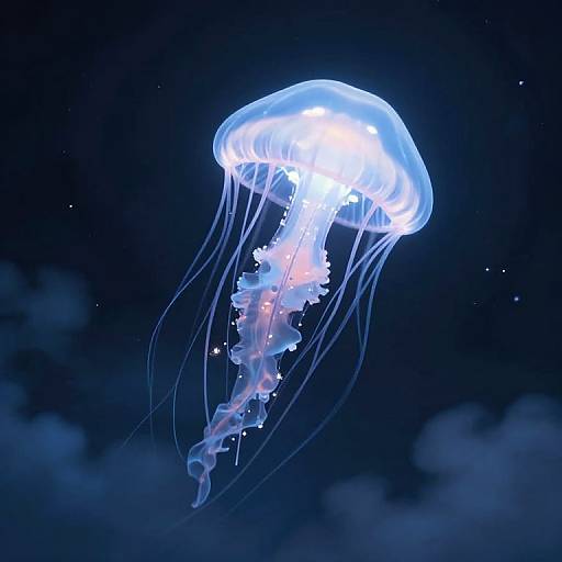 Photograph of a glowing blue and white jellyfish with long, flowing tentacles against a dark, starry ocean background.