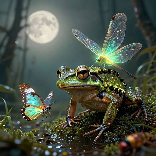 Photorealistic digital artwork of a glowing, iridescent frog with fairy-like wings, a luminescent bug, and a moonlit forest background